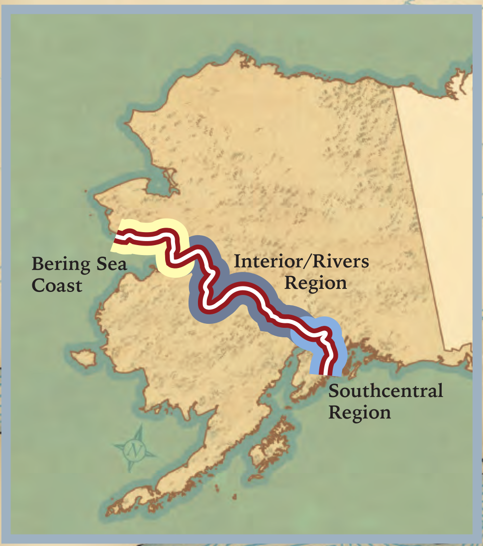 Alaska Regional Overview Inset Map from Page 4 of the Visitor Guide showing Bering Sea Coast, Interior/Rivers Region, and Southcentral Region