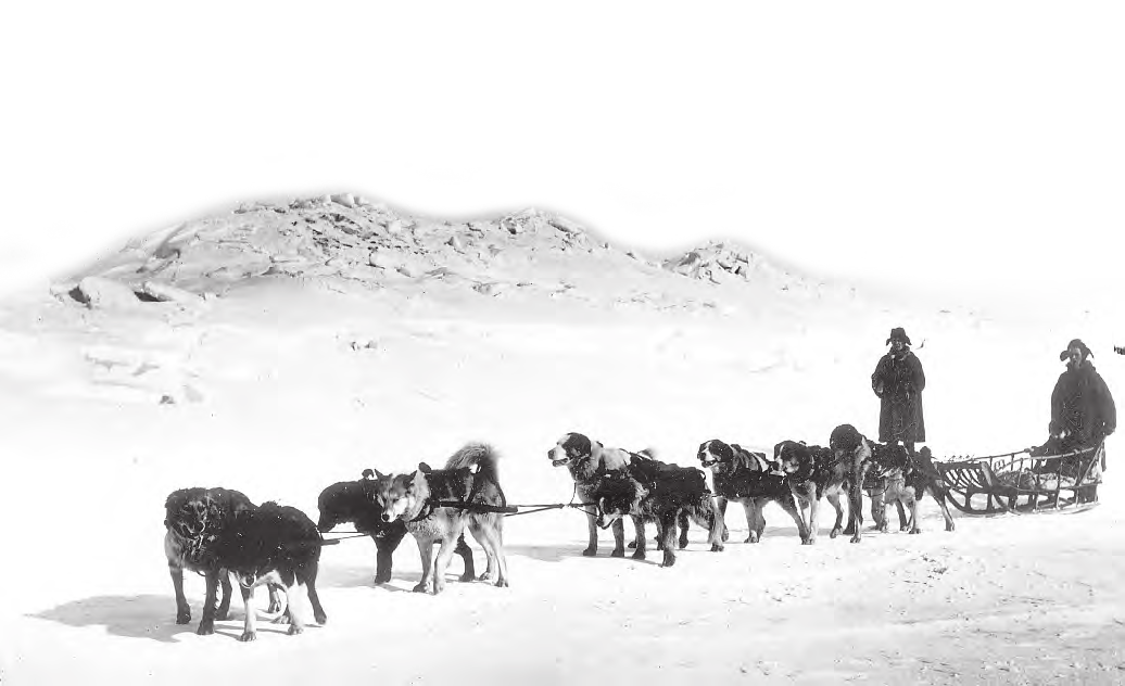 Historic sled dog team photograph from the Anchorage Museum extracted with its original silhouette mask from Pages 4 and 5 of the Visitor Guide