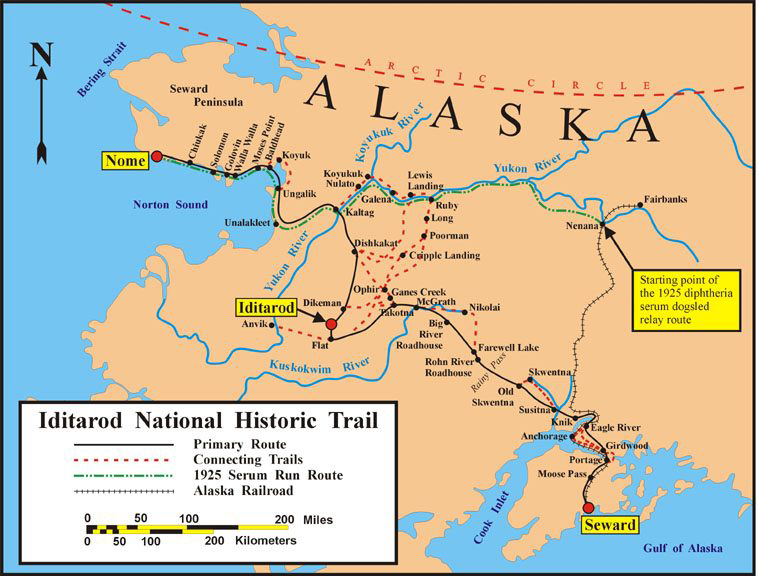 Historic route map of the Iditarod National Historic Trail from Seward to Nome showing main route and connecting trails